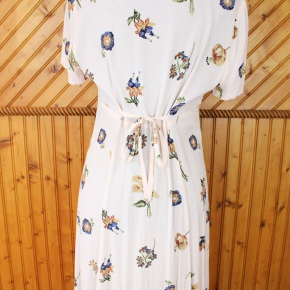 MJW Studio Maxi Shirt Dress Beige Floral Size 7/8 Short Sleeve Collared Half D98 - Picture 4 of 8